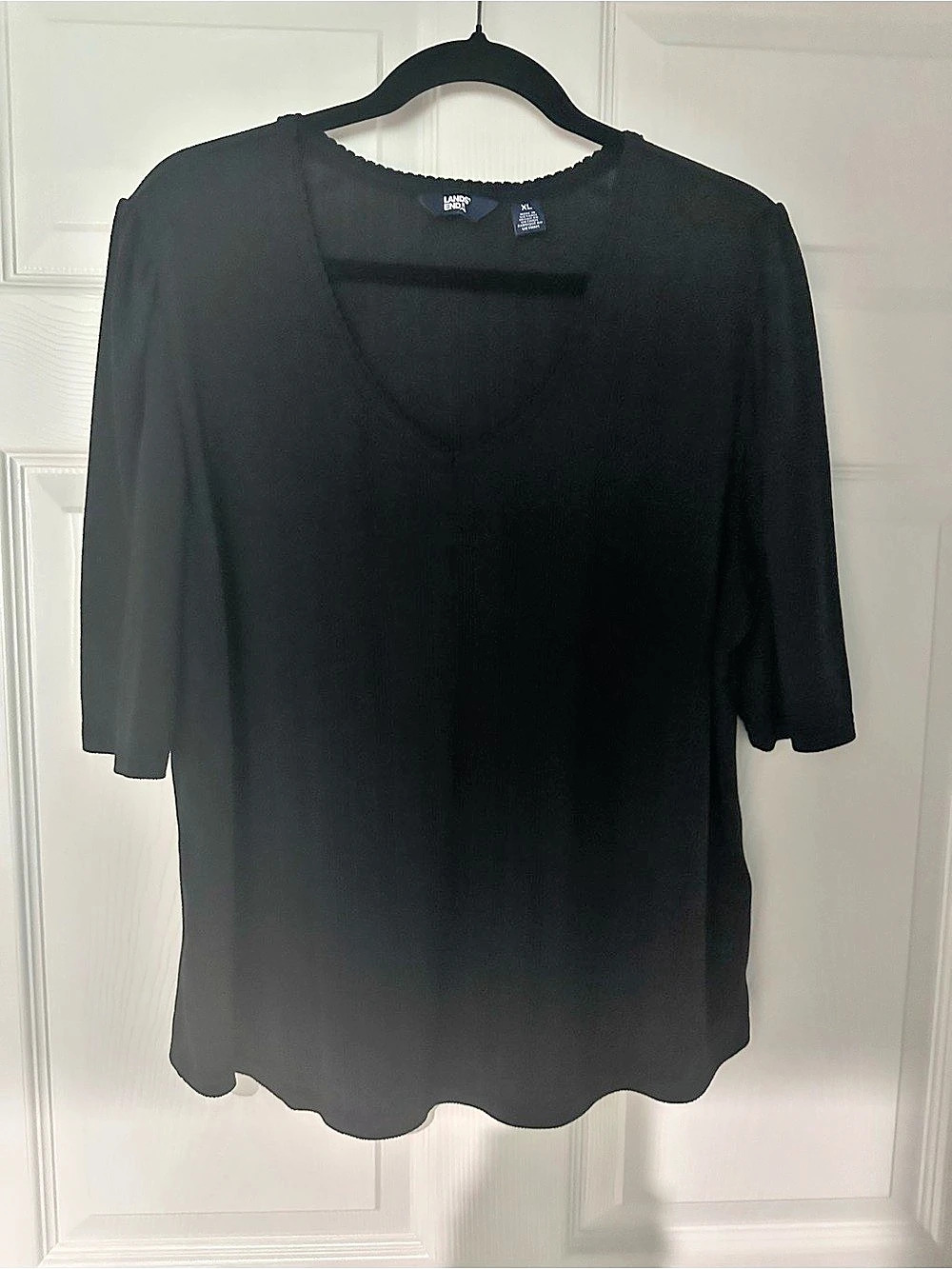 Lands' End Women's Drapey Rib Puff Sleeve Scoop Neck Top Black XL